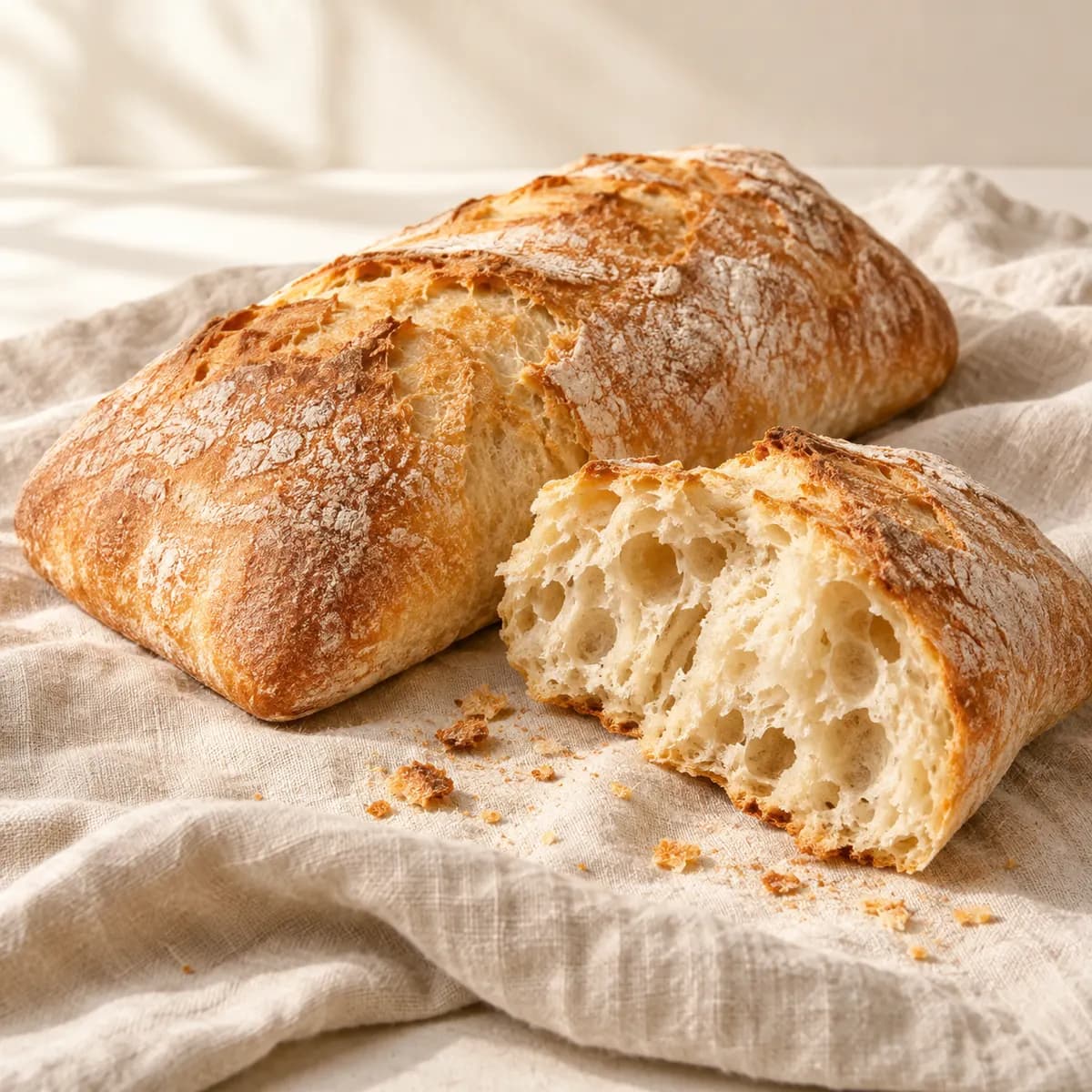 The airy, irregular crumb of a torn ciabatta