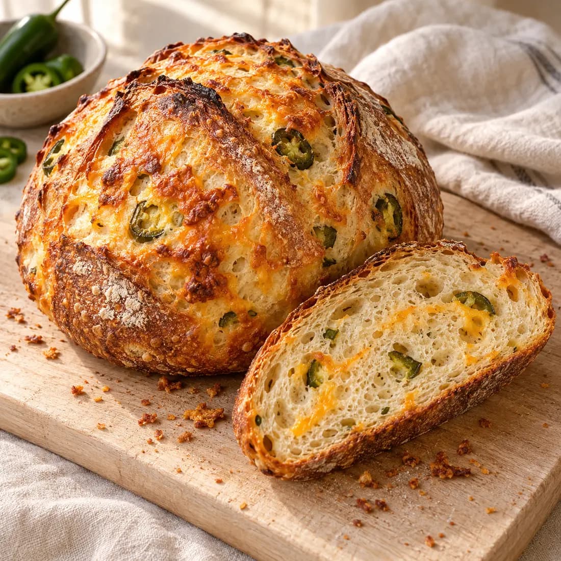 A slice of jalapeño cheddar sourdough alongside the baked loaf