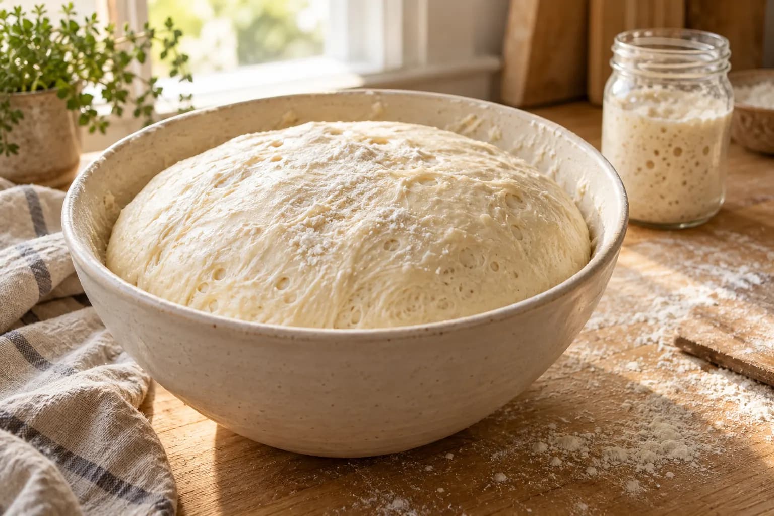 Bubbly starter beside a bowl of risen dough