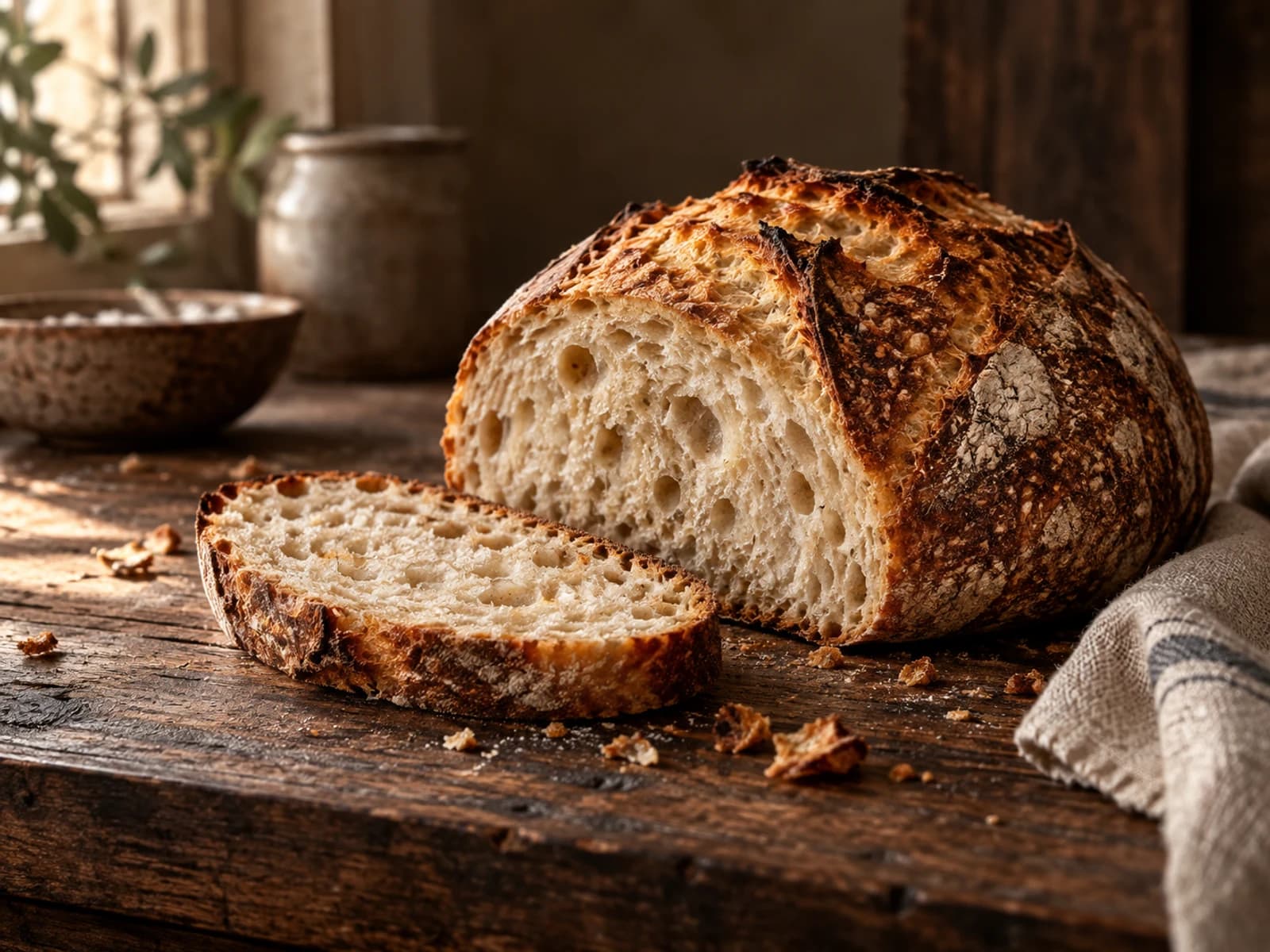 A sliced sourdough loaf showing its crust and open crumb