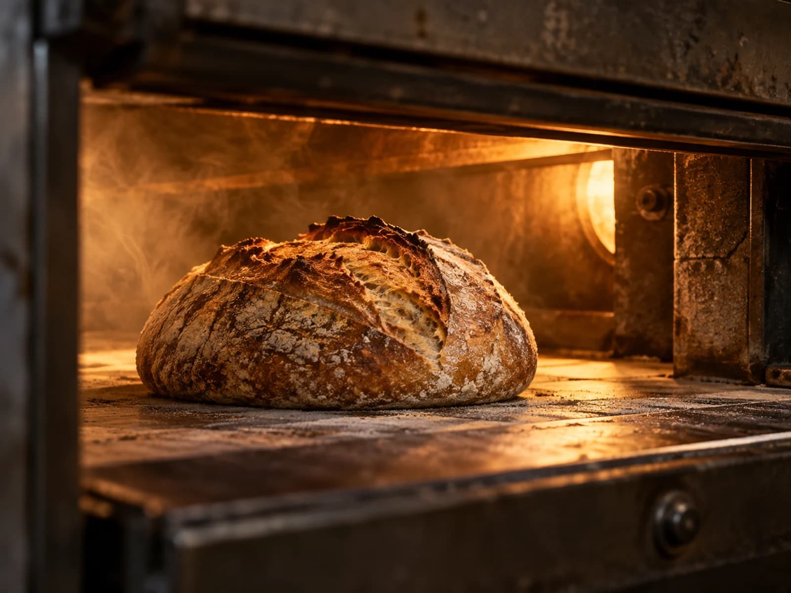 A country sourdough loaf turning deep gold in the oven