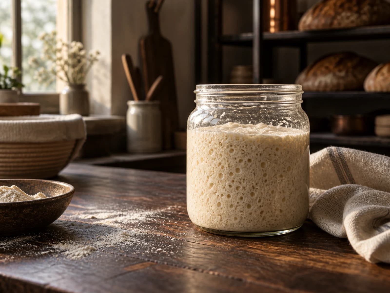 Living sourdough starter bubbling in its jar