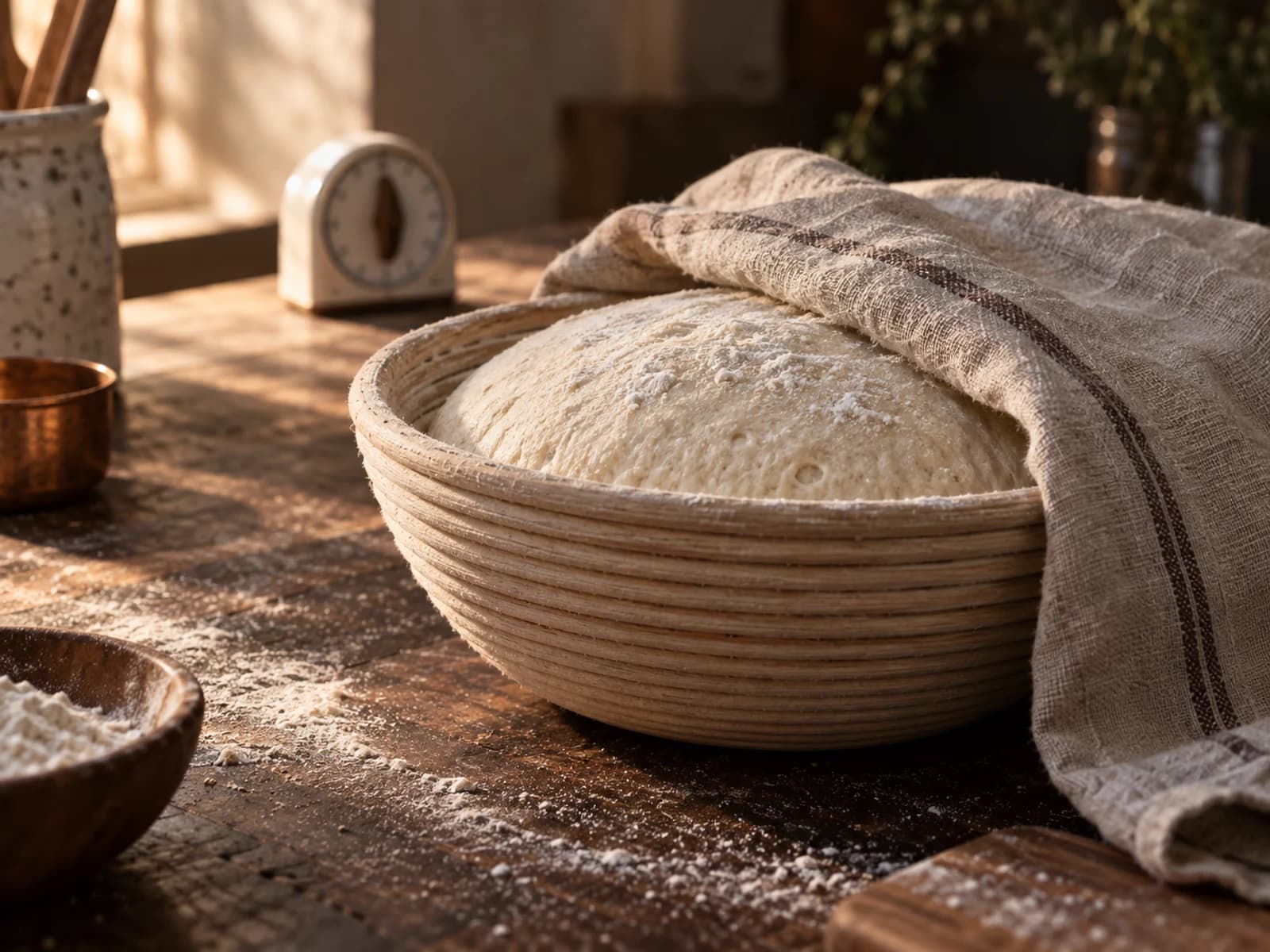 Shaped sourdough resting slowly in a banneton